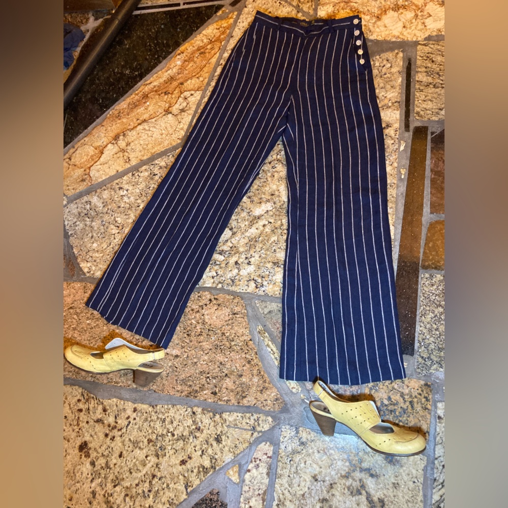POLO Ralph Lauren Wide Leg 100% Linen pants Navy Stripe Size 2